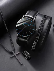 Stylish simple leather basket needle scale men's quartz watch with ring bracelet necklace set party gift selection