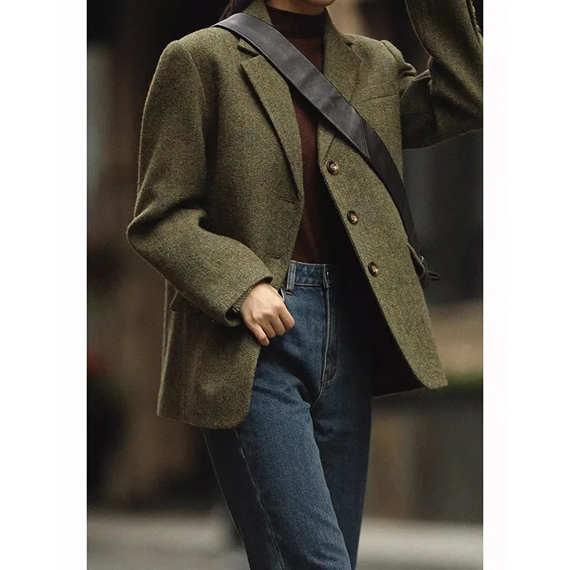 Allingentle Woolen Herringbone Women's Coat Single-Breasted Jacket Fashion Suit Blazer for Casual Office Customize