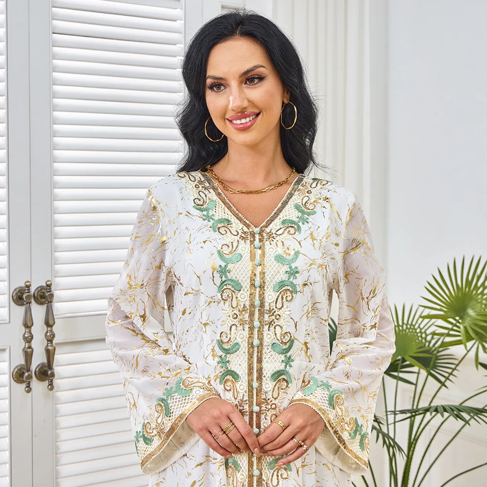 Großhandel Neue Ankunft Elegantes Langarm-Abaya-Kleid mit V-Ausschnitt für Frauen Erwachsene Polyester Vintage-Stil für den Sommer