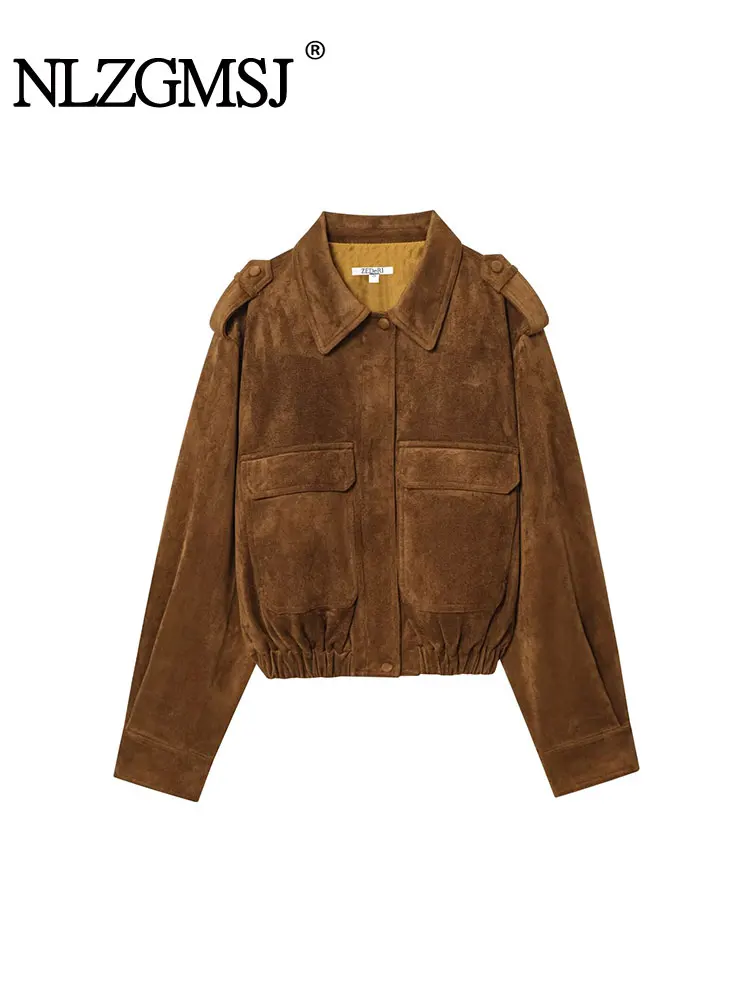 

NLZGMSJ Women's Autumn Winter Suede Leather Jacket Short Pocket Length Turn-Down Collar Drop-Shoulder Sleeve Fashionable New Coa