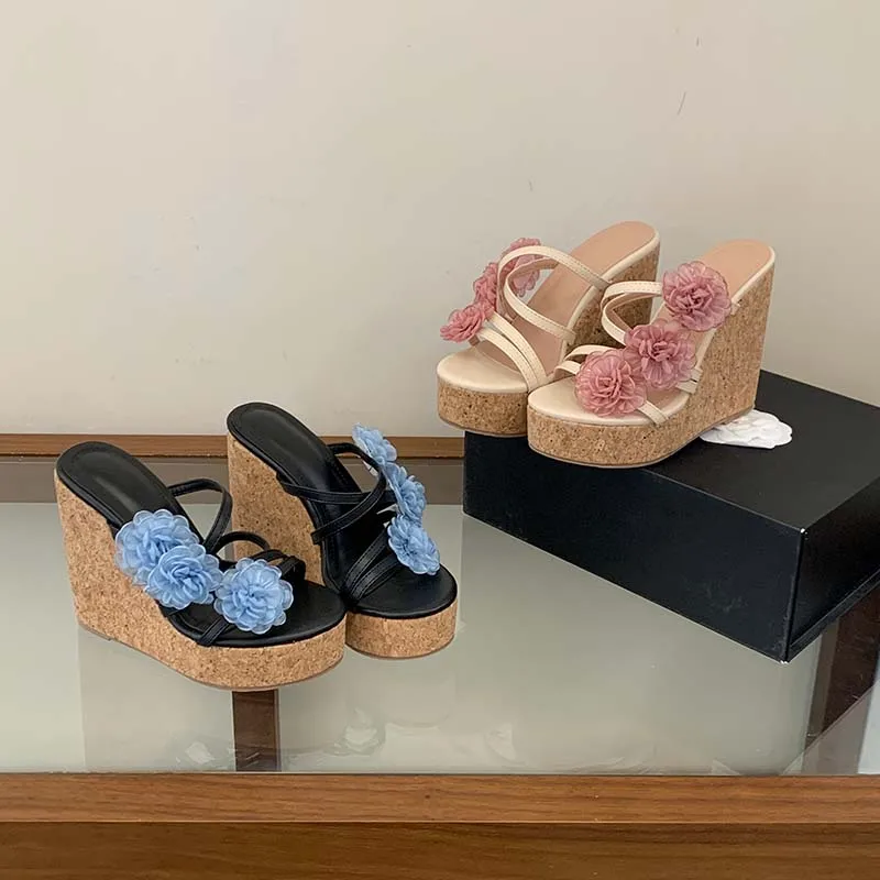 

Women Wedge Sandals 12cm Platform High Heels Flower Decor Open Toe Cork Slides Summer Beach Party Vacation Shoes