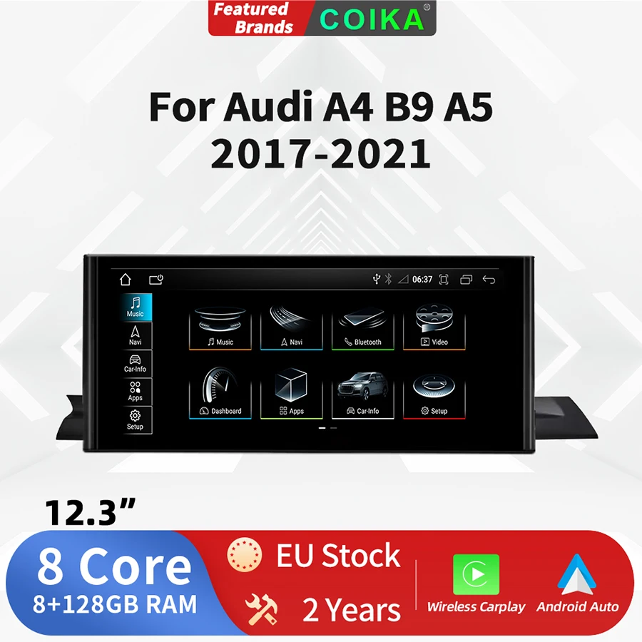 12.3 “ A4 Touch Screen Car Multimedia Player For Audi A4 B9 A5 2017-2019 SIM USB Wireless Carplay WIFI BT Google Android 13