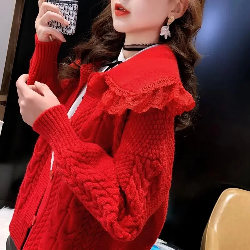 2023 New Versatile Autumn Winter New Doll Neck Sweater Coat Women\'s Loose Versatile Korean Version Lazy Fashion Knitted Cardigan