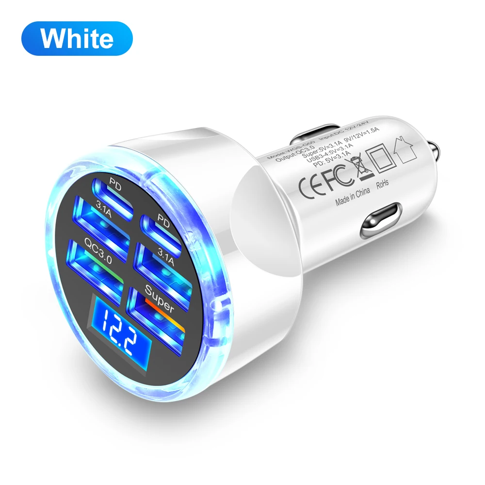 100W6 In1Ports Car Charger Fast Charging PD QC3.0 USBC Car Phone Charger Type C Adapter in Car For iPhone Samsung Huawei Xiaomi