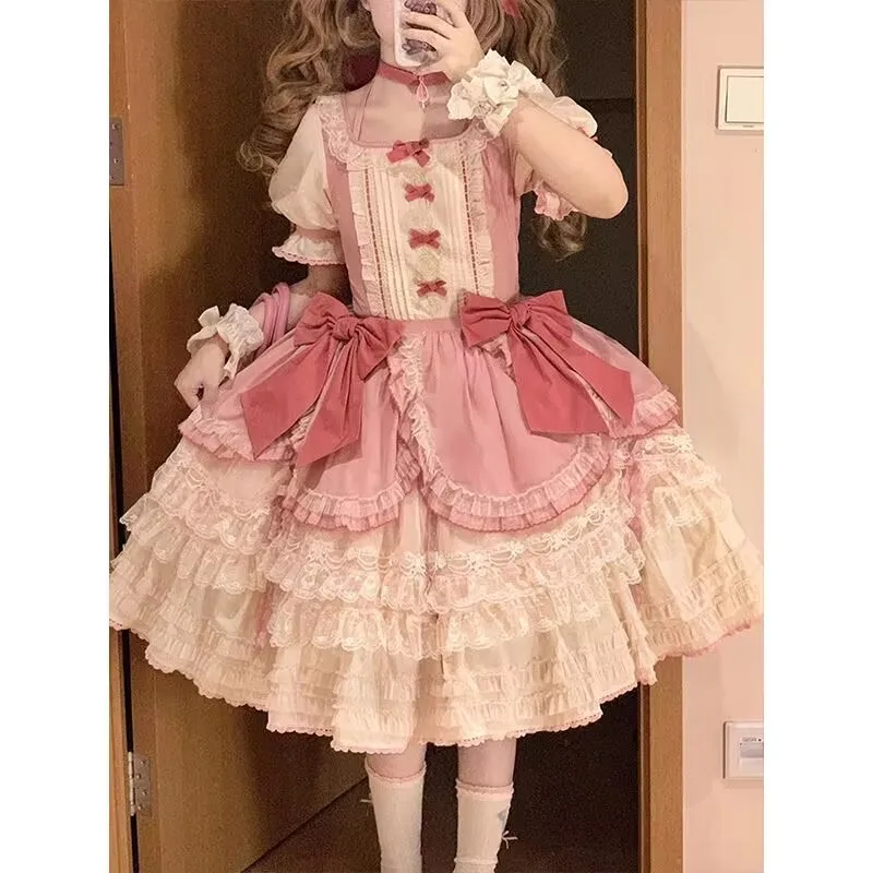 原宿系ドーパミンロリータプリンセスパフスリーブボウコスコミックショーキュートY2Kケーキドレス