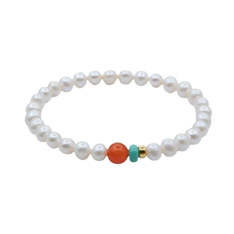 Womens Genuine Natural Freshwater Pearl Bracelet MOP South Red Agate Turquoise Luck Turnover Elegant Vintage Daily Jewelry Gift