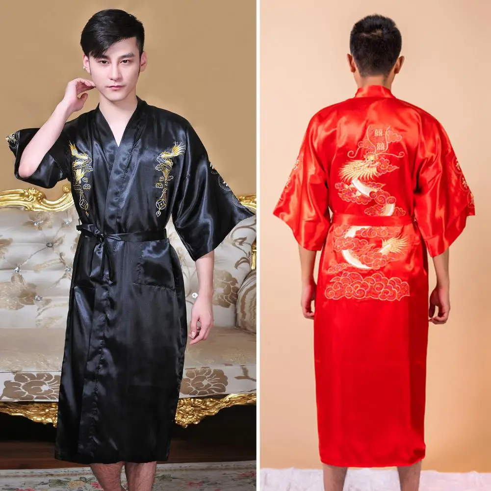 Waist Tie Bathrobe Men Chinese Style Nightgown Dragon Embroidered Men's Satin Nightgown with Chinese Style V Neck for Home