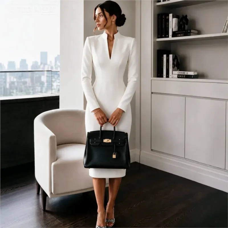 Woman's Elegant Solid High Waisted Dress Temperament Office Clothing Autumn Fashion Long Sleeved Vestidos Ladies Chic Dresses