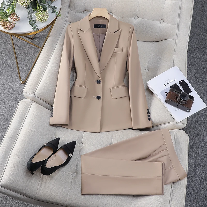 Autumn Winter Women Vest Blazer and Pant Suit Pink Blue Khaki Office Ladies Formal Business Work Career Wear 3 Pieces Set