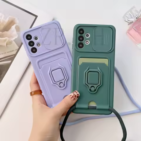 Crossbody Necklace Cord Lanyard Wallet Card Case For Samsung Galaxy S23 A32 S22 A51 A52 A13 A71 A53 Ring Holder Stand Soft Cover