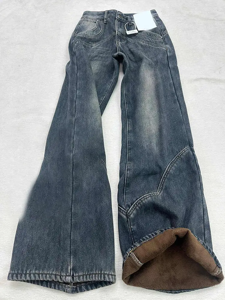 2025 겨울 플리스 안감 레트로 하이라이즈 루즈 플레어 진 여성용 논스틱 레그 빈티지 와이드 레그 편안한 스트레치 데님