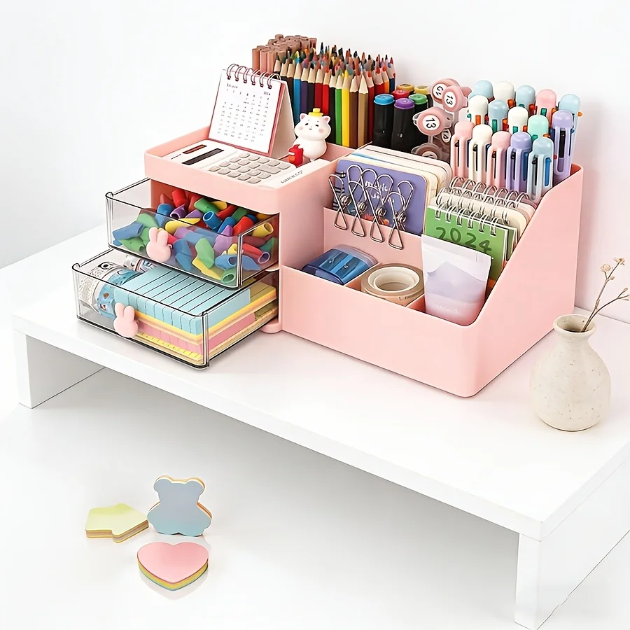 Cute Rabbit Desk Organizer Pen Holder Clear Drawers Stationery Storage Box 2Pcs Set with Sticky Notes