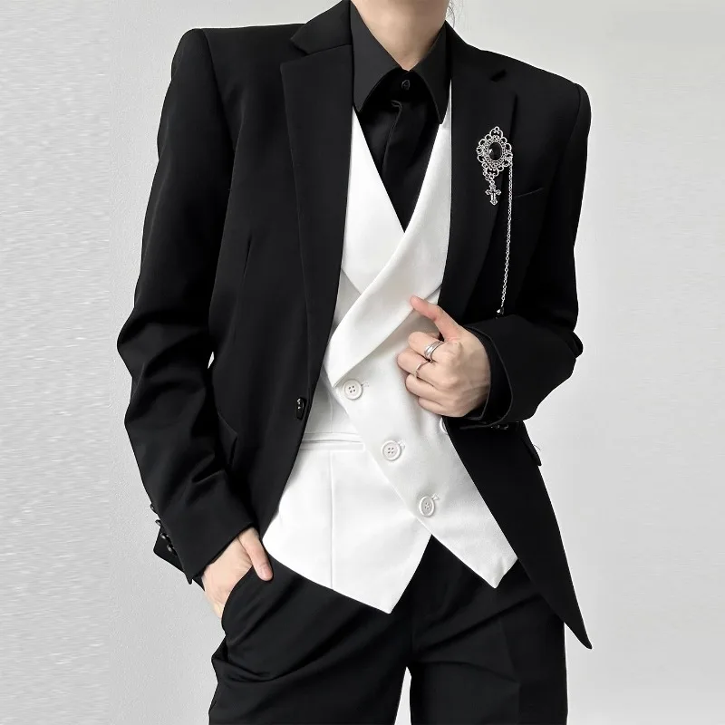 KIDWHXR Men Vest Korean Simple Solid Turn Down Collar Sleeveless Man Waistcoat Slim Double-breasted Versatile Male Suit Vest