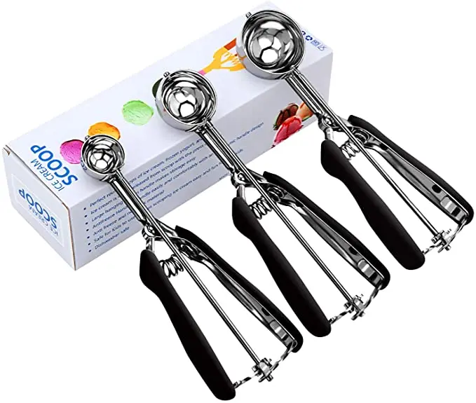 

304 Stainless Steel Ice Cream Scoop Set of 3 with Anti Slip Rubber Grip Cookie Dough Scooper with Trigger Release