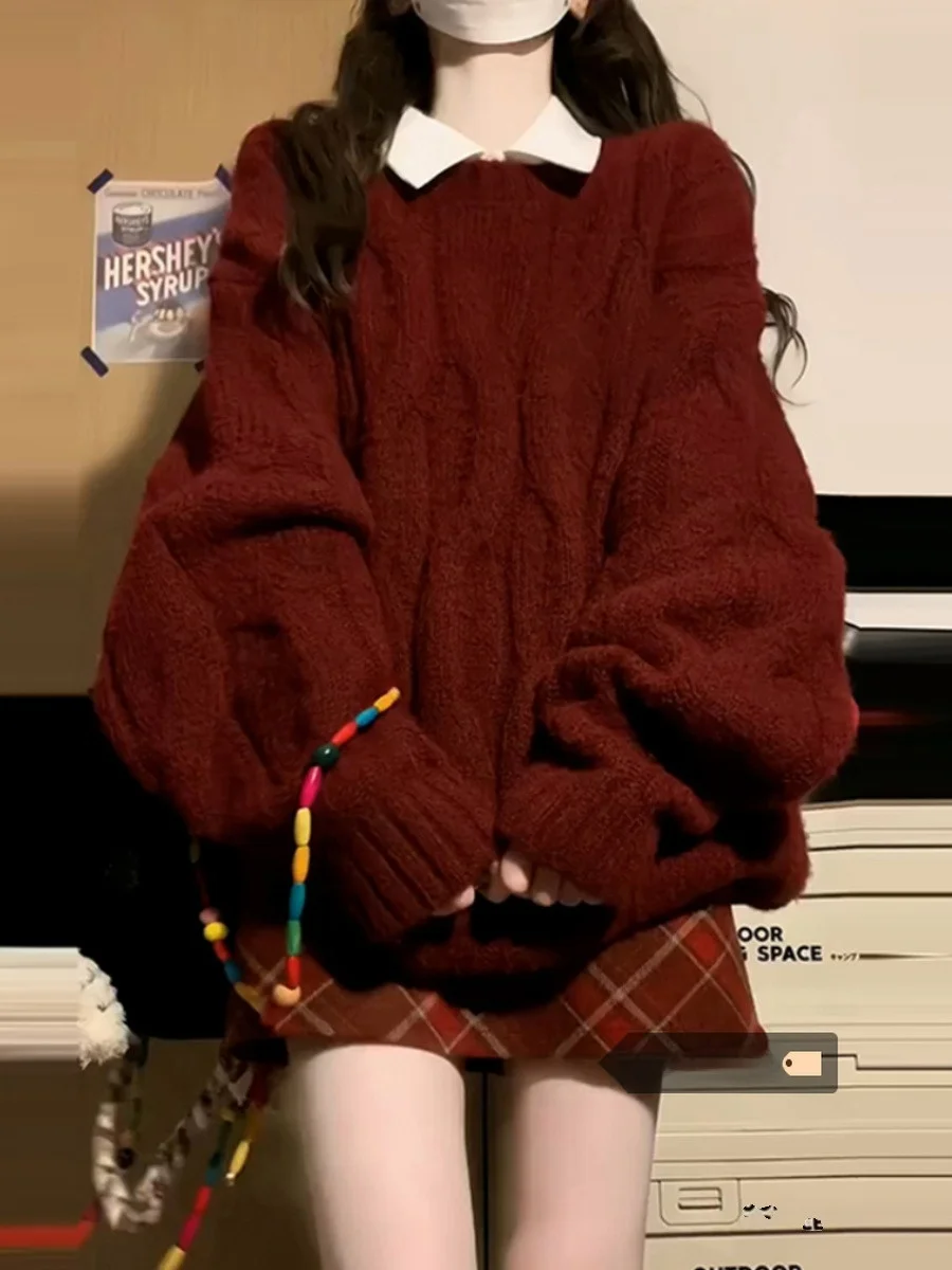 Morbido maglione rosso grassoccio da donna invernale Top lavorato a maglia allentato di Capodanno coreano Sle Pendolarismo Thiened Long Sve round Ne