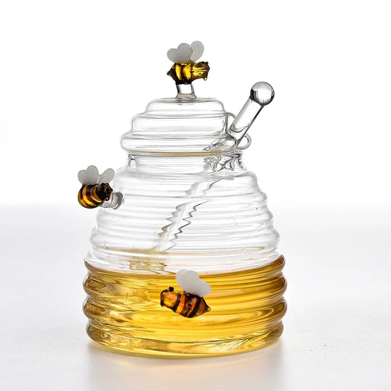 Transparent Glass Honey Jar Kitchen Storage Container Glass Mixing Honey Bottle With Lid Useful Things for Kitchen Containers