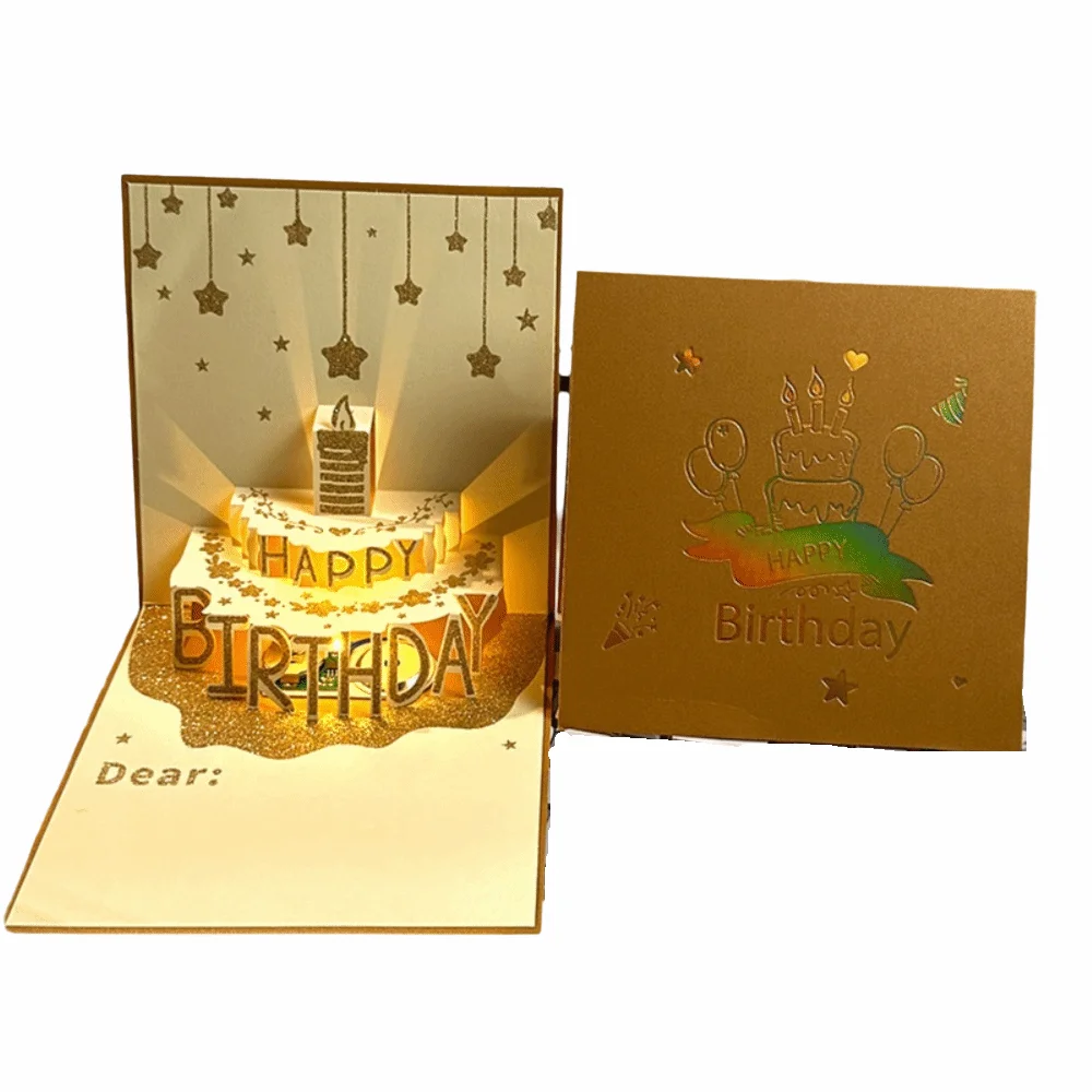 

3D Light Birthday Card Folding Type Pop Up Birthday Cake Cards with Envelope with Musical Gift Message Cards