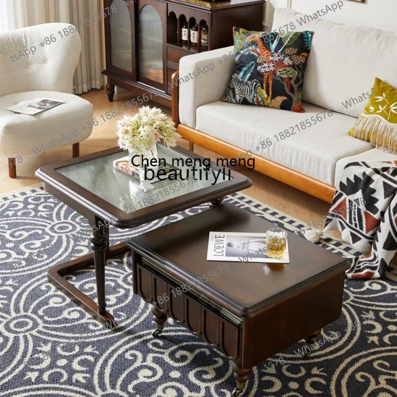 

X American Retro Square Solid Wood Folding Tea Table Combination Living Room Home Mobile Tea Table Bench