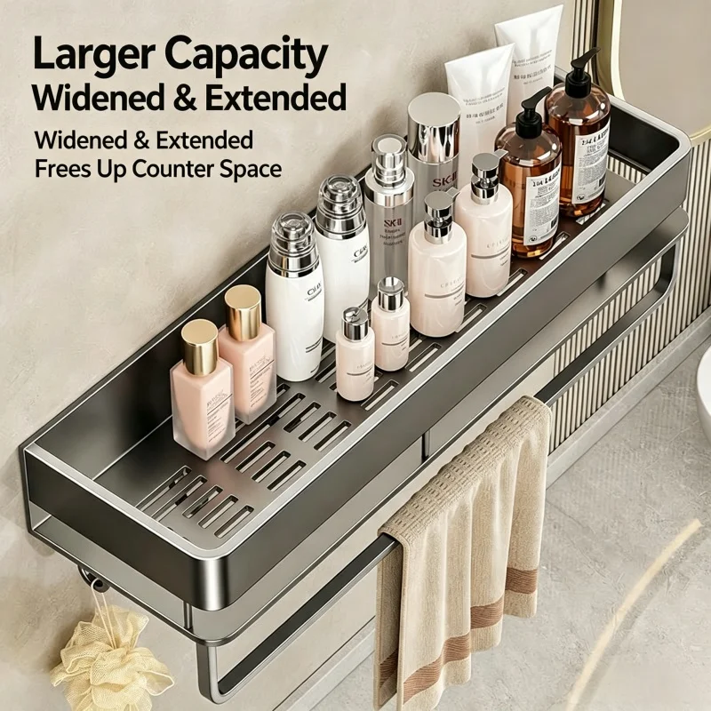 Gun‑Gray Square Basket, No‑Drill Bathroom Storage Shelf, Wall Mounted Organizer for Toiletries, Detachable & Washable