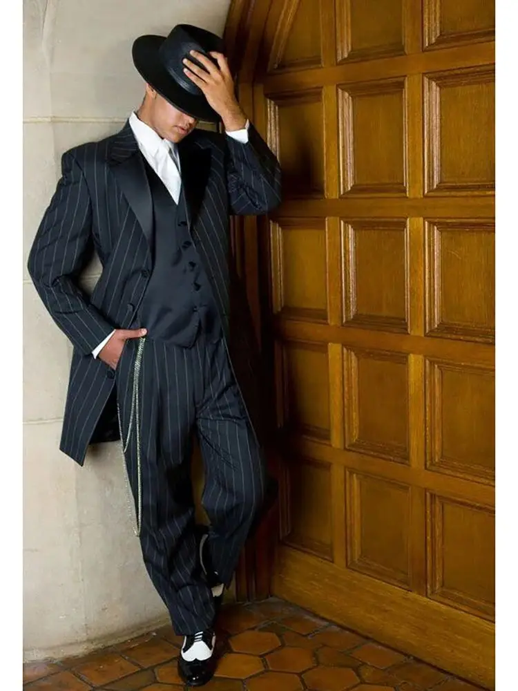 Knappe Mannelijke Slipjas Zwart Gestreept Herenpak Drie Stukken (Blazer + Broek + Vest) Chic Slim Casual Party Prom Bruiloft Set - afbeelding 2