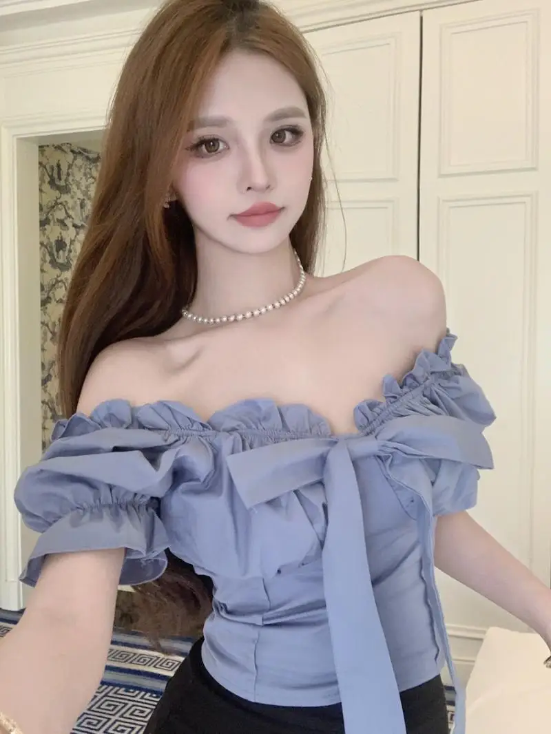 

​​Cute Bow Tie Off Shoulder Shirt Women Summer Crop Top Slimming Stylish Blouse 2025
