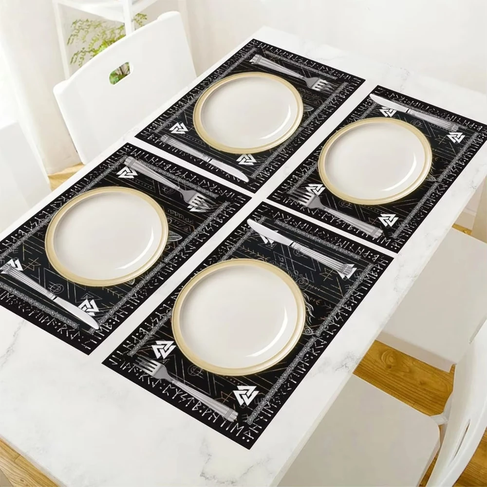 VIKAMA Black White Tribal Tattoo Wolf Print Placemat, Waterproof Wipeable Rectangular Table Mat for Daily Household Dining
