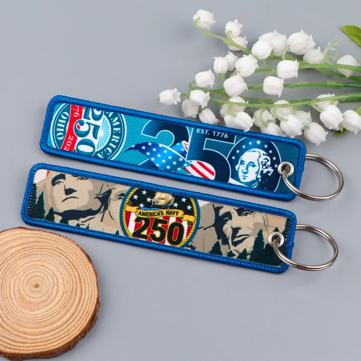 USA 250th Anniversary Woven Label Keychain Double Sided Printed Car Key Accessories Backpack Key Chain Pendant