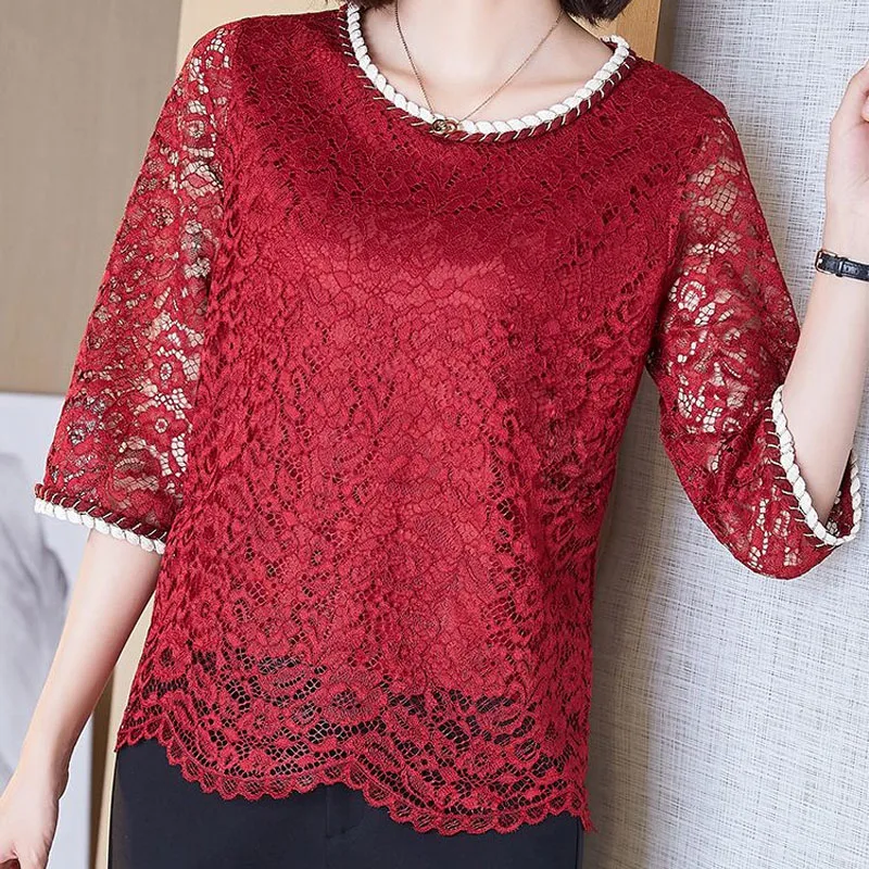 2023 Summer Lady New Round Neck Solid Color Hollow Elbow Sleeve Tops Women Casual Comfortable Refreshing All-match Lace T-shirt