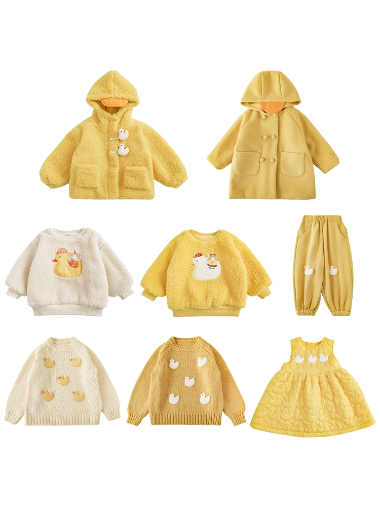 Girls\' Little Duck Shirt Hooded Coat Children Winter Dress Multi Piece Set Trendy