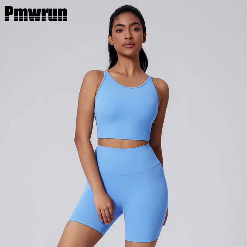 

PMWRUN женский комплект из двух предметов для йоги, укороченный топ без рукавов и байкерские шорты с высокой талией, мягкие эластичные шорты для йоги, тренировок, фитнеса, домашнего спортзала