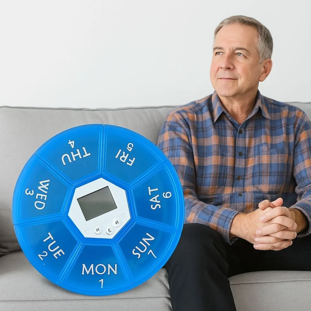 صندوق حبوب ذكي بسعة كبيرة، 7 مقصورات، شاشة LED، تذكير مؤقت، صندوق دواء، دوار دائري تلقائي #5