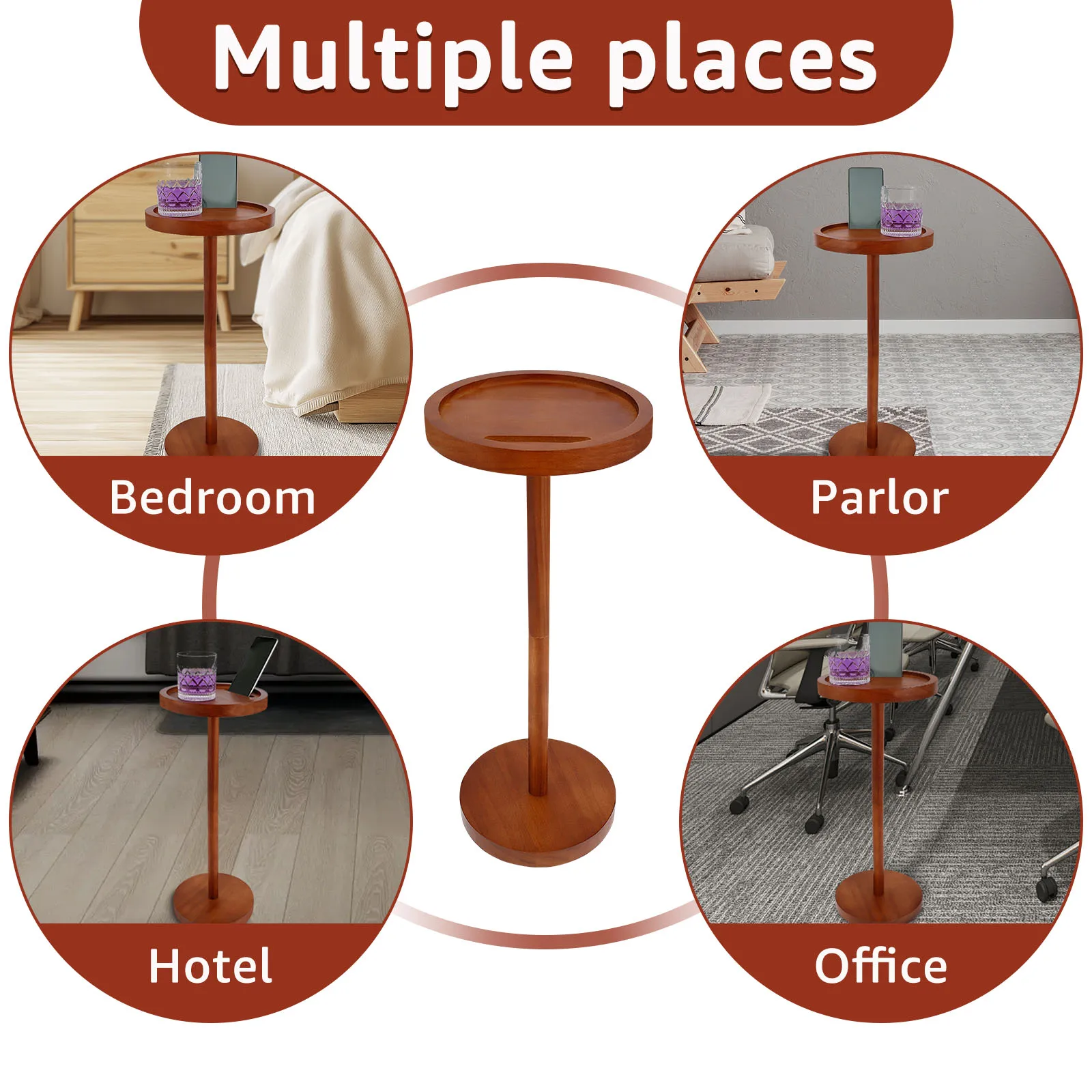 Round Wooden Side Table High 55cm Drink Table with Phone Holder Nightstand Side Table, Storage Desk, Coffee Table for Bedroom image 5