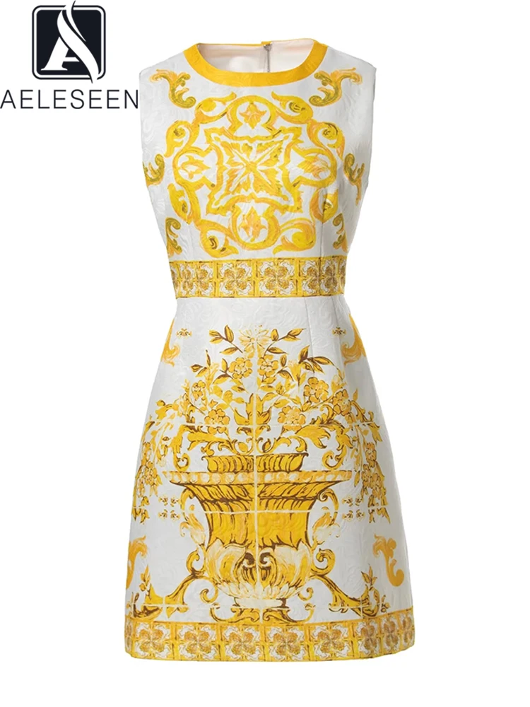 

AELESEEN Women Casual Jacquard Dress Summer Sleeveless Sicilian Yellow Porcelian Print Mini Holiday Vacation Tank Dresses