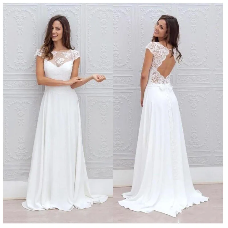 

Simple Boho Wedding Dresses Beach 2022 Cap Sleeve Lace Top Robe de mariee Bridal Dress Chiffon Open Back White Ivory Custom New