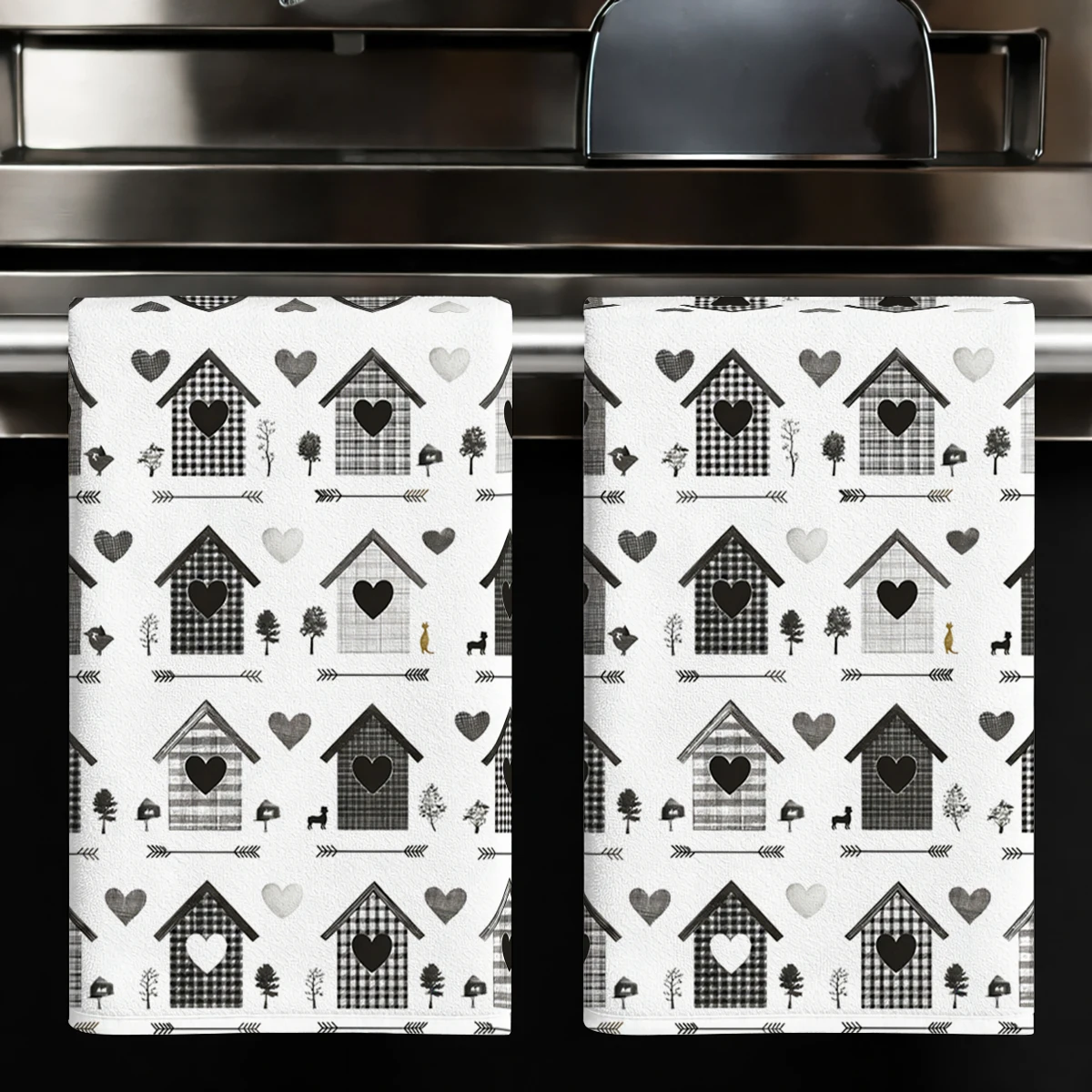 Stylish Kitchen Utensil Pattern Polyester Dish Towel, Kitchen Towel, Dish Cloth - Practical Kitchen Linen For Daily Use