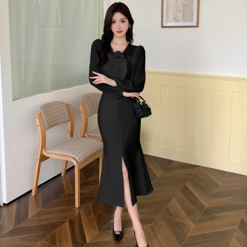 Autumn Elegant Bodycon Midi Dresses for Women Lantern Sleeve V-neck Split Mermaid Evening Party Dress Korean Chic One Piece New