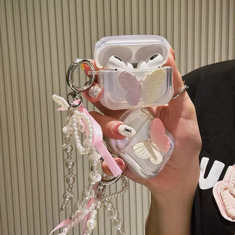 Apple Airpods 1/2/3 Proイヤホン用のかわいいパールチェーン,蝶の装飾,tpu製イヤホン用カバー