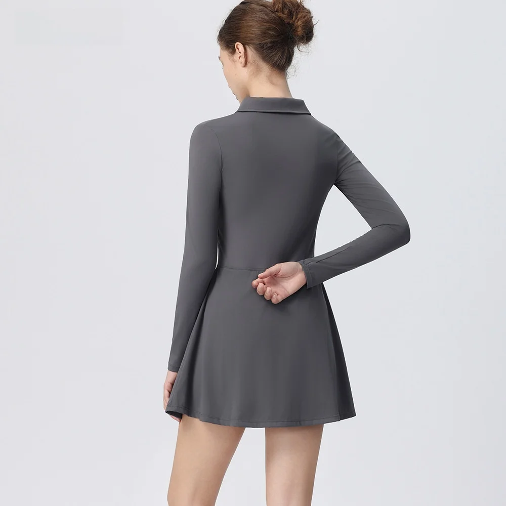

Women's Golf One-Piece Tennis Skirt Long Sve Fitn Yoga Dr Qui Dry Inner Skirt Breathable Moisture ng Elastic