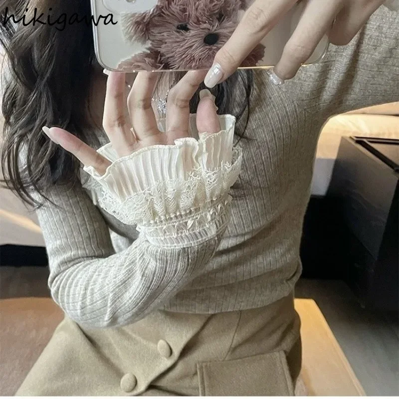 Fashion Sueter Mujer Sweet Korean Pullovers Women Tunic Flare Sleeve Single Breasted Jumper Patchwork Lace Knit Cropped Sweater