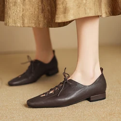 2025 New Soft Genuine Leather Lace-up Women Heels Shoes Square Toe Comfortable Fashion Casual Low Heel Shoes Four Seasons Shoes
