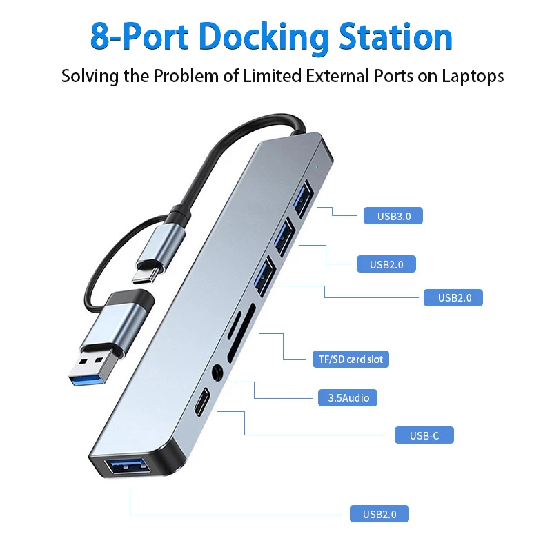 8 in 2 USB +Type C HUB Docking Station with 3.5mm Audio Jack Adapter for Micro SD Card Reader Laptop Tablet Phone Disk Converter