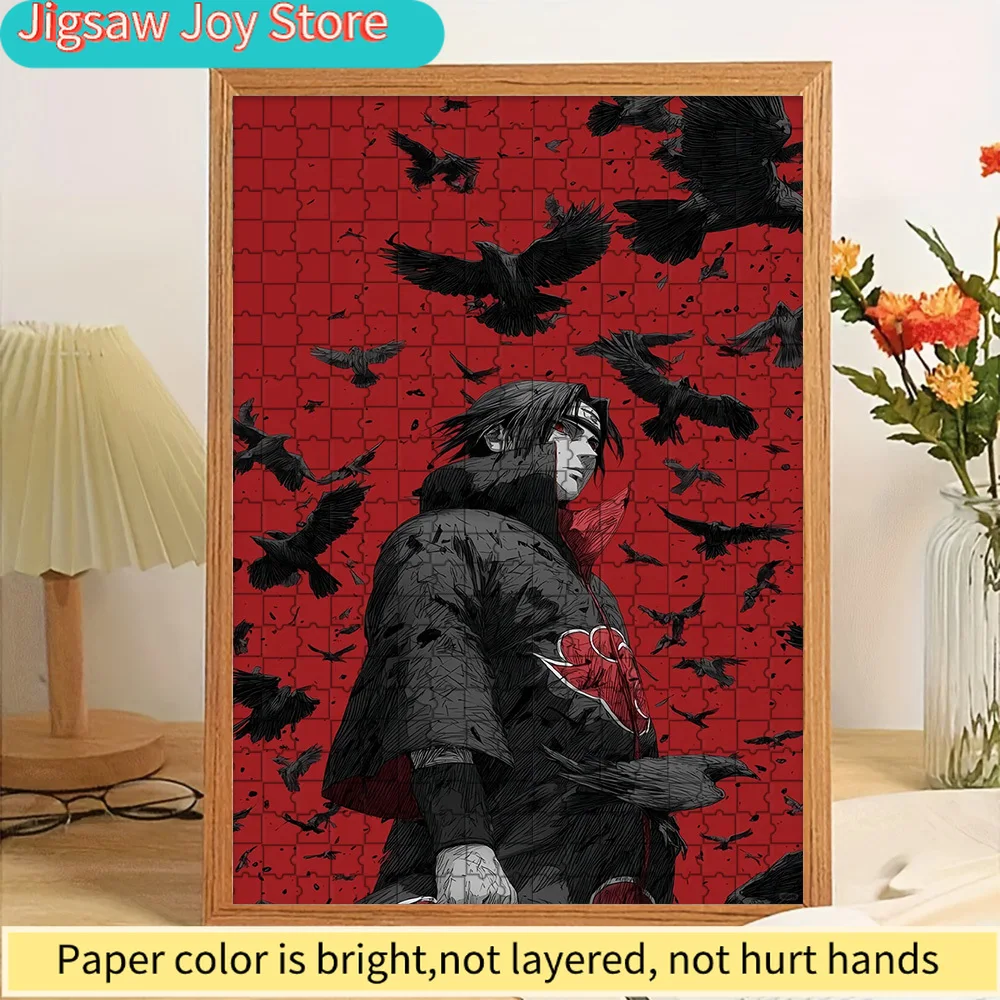 

High Quality Paper Jigsaw Puzzle Anime Uchiha Itachi in Akatsuki Cloak Surrounded by Crows on Red Background Vivid Color Printed