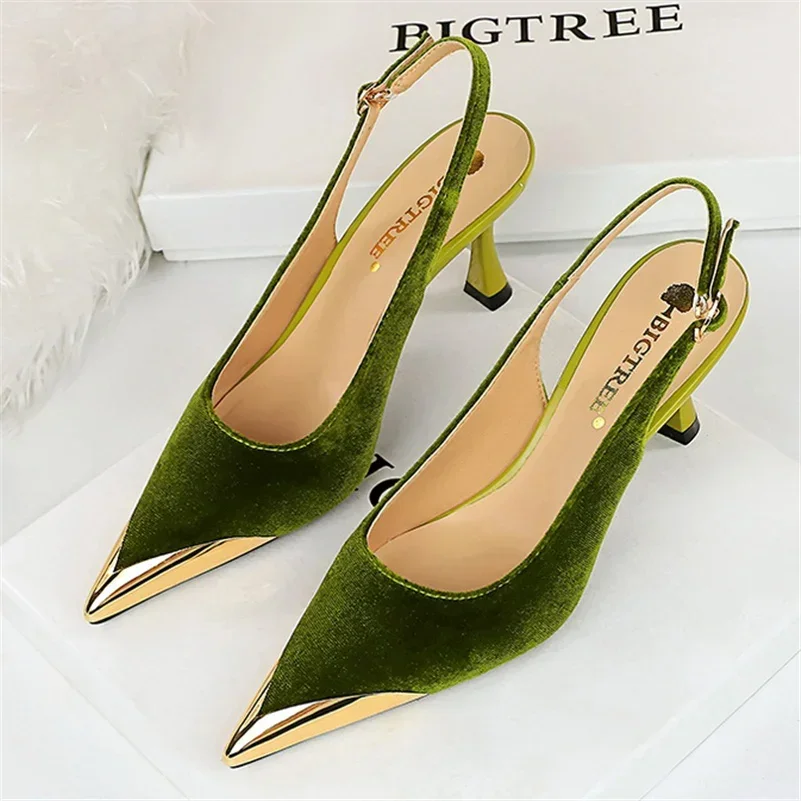 Elegant Women Green 7cm High Heels Velvet Pumps Lady Wedding Party Slingback Sandals Kitten Low Heels Nightclub Wine Red Shoes