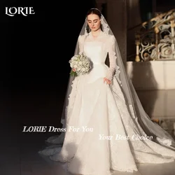 LORIE Vintage Lace Wedding Dresses High Collar A-Line Puff Long Sleeve Button Bridal Gown Princess Muslim Bride Dress Customized