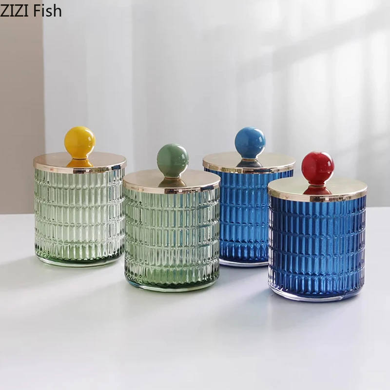 Frascos de almacenamiento de vidrio coloridos, recipiente para té en relieve, bote para dulces, bola de cerámica, tarro de almacenamiento decorativo con cubierta, pendientes, joyero