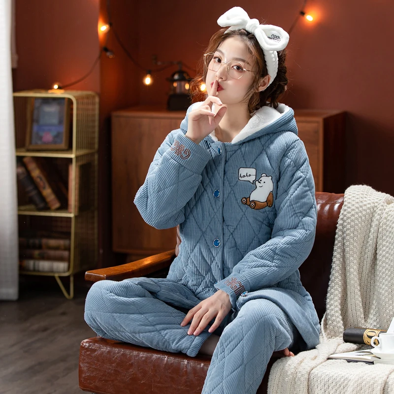 Chất Lượng Cao Nữ Dày 3 Lớp Kẹp Bông Đồ Ngủ Áo Trùm Đầu Homewear Váy Ngủ Pyjamas Femme