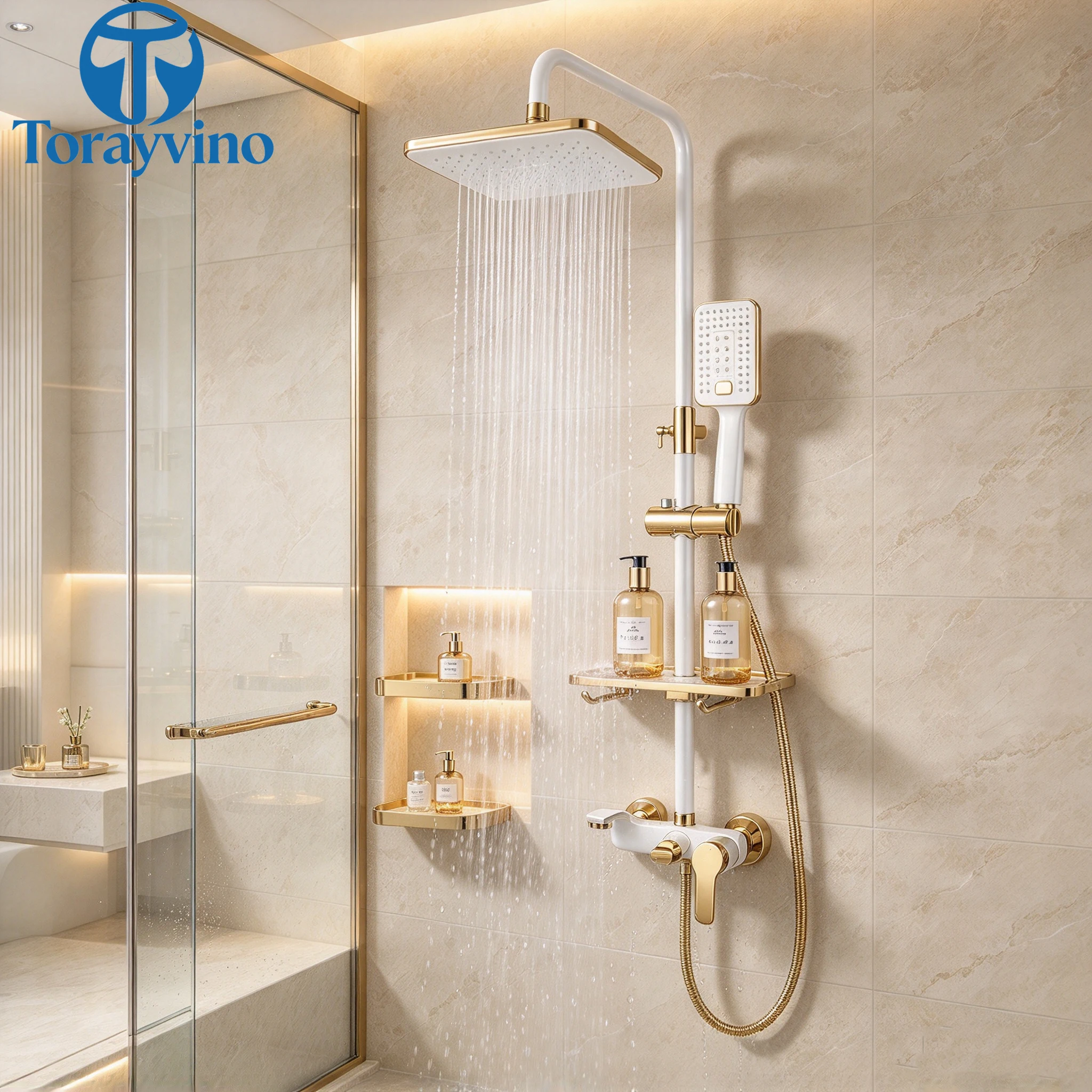 Torayvino Classic Luxury Bathroom Black Gold Rainfall Shower Set Outdoor Bathtub Shower Faucet 3 Function Shower System Column