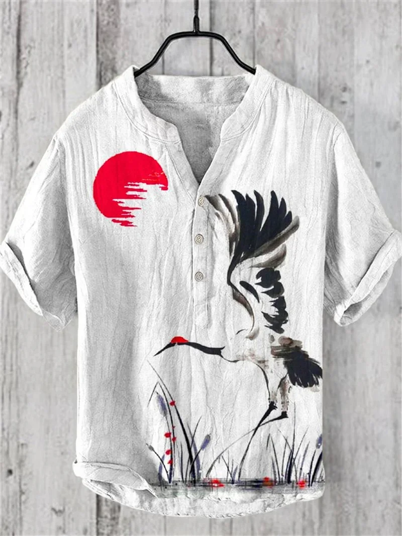 Camiseta hawaiana con cuello en V para hombre, camisa de lino con patrón HD, pintura de paisaje de grulla de talla grande, novedad de 2024, 100%