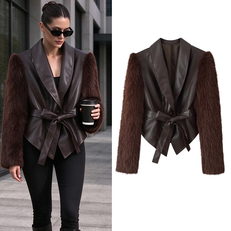 Women Artificial Fur Splicing Sleeve Coat Women Tie Waist Cropped PU Jacket Shawl Collar Luxury Fashion Lady Outerwear