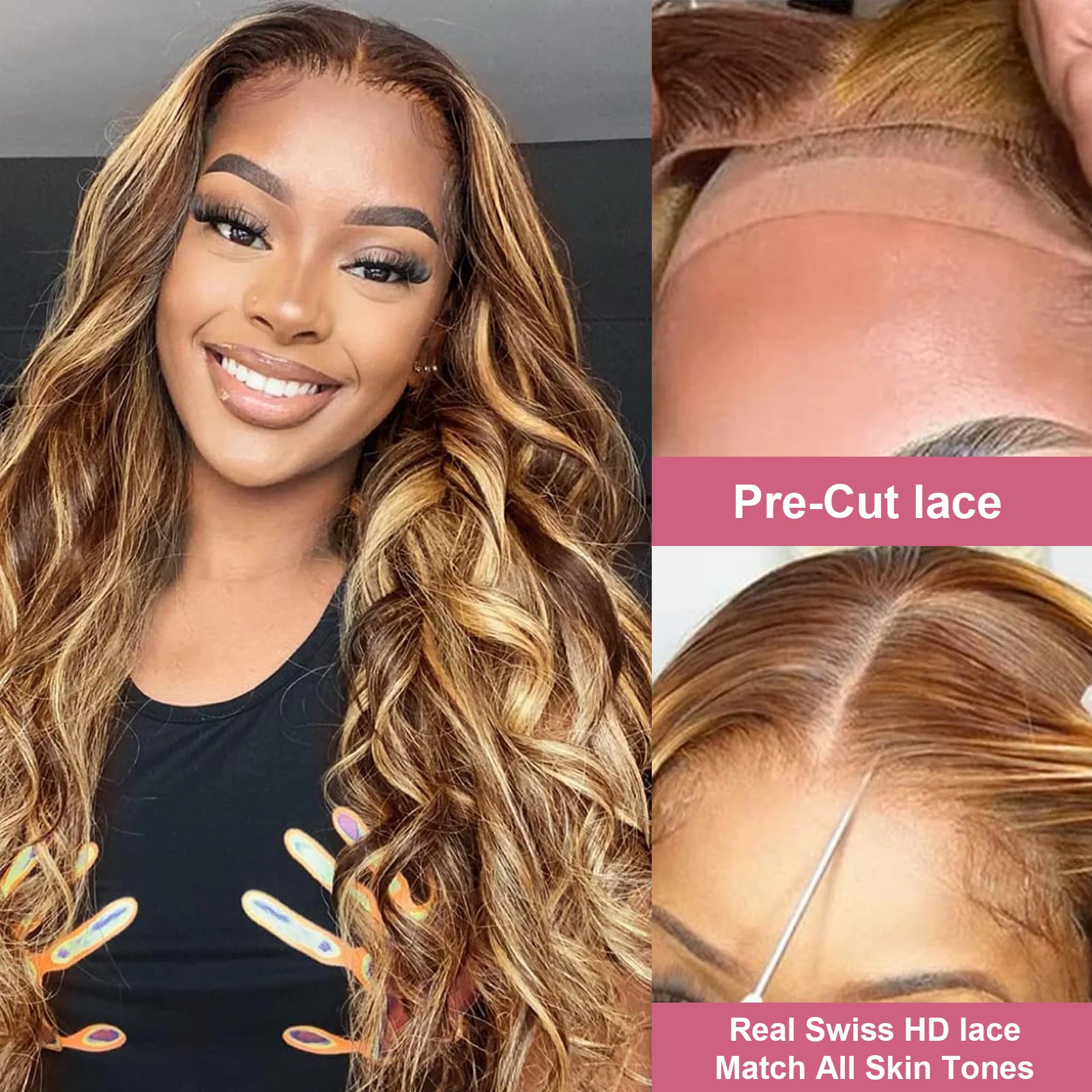 30 36 Zoll Highlight Ombre Körperwelle 7x5 Spitze Front Echthaar Perücke Tragen Und Gehen Transparente leimlose Spitze Frontal Perücke Für Frauen